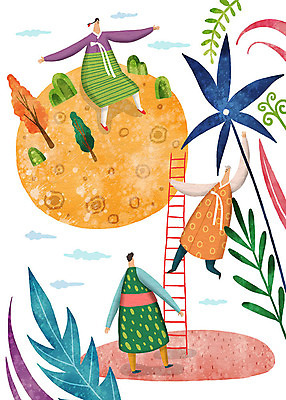 PSD 식물 여자 명절 남자 꽃 일러스트 사다리 가족 함께함 사람 세명 추석 화목 보름달 달 가을 한복 국내일러스트 자연요소 한국전통 전통 계절 기념일 컨셉 관계 도구 전통의상 파일형식