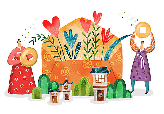 PSD 식물 여자 명절 남자 꽃 일러스트 가족 편지봉투 한옥 함께함 사람 두명 추석 동전 화목 가을 한복 하트나무 국내일러스트 나무 한국전통 전통 계절 기념일 컨셉 고건축 돈 관계 봉투 전통의상 편지 파일형식