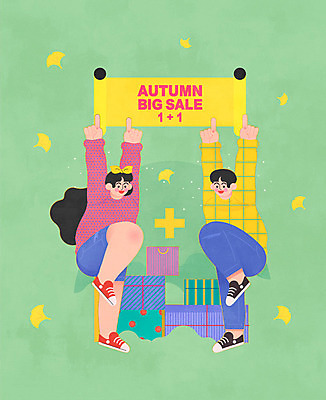 여자 남자 낙엽 일러스트 이벤트 성인 두명 초록색 선물상자 쇼핑 세일 가을 원플러스원 성인만 덤 프로모션 국내일러스트 AI파일 계절 컬러 잎 선물 사람 상자 파일형식 벡터