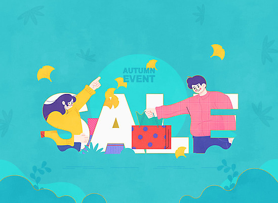 여자 남자 낙엽 일러스트 이벤트 성인 두명 파란색 쇼핑 쇼핑백 세일 가을 은행잎 성인만 프로모션 국내일러스트 AI파일 계절 컬러 잎 가방 사람 파일형식 벡터