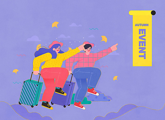 여자 남자 여행 낙엽 일러스트 이벤트 성인 두명 쇼핑 세일 캐리어 보라색 가을 은행잎 성인만 프로모션 국내일러스트 AI파일 계절 컬러 잎 사람 여행가방 파일형식 벡터