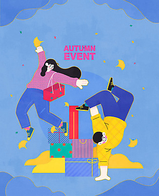 여자 남자 낙엽 일러스트 이벤트 성인 두명 파란색 선물상자 쇼핑 쇼핑백 세일 가을 은행잎 성인만 프로모션 국내일러스트 AI파일 계절 컬러 잎 가방 선물 사람 상자 파일형식 벡터