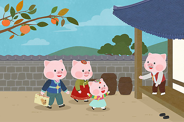 PSD 전통 명절 할아버지 여러마리 일러스트 사람없음 컬러풀 추석 귀여움 가을 시골 돼지 항아리 한복 감나무 즐거움 돼지캐릭터 고향 귀향 기와담장 국내일러스트 나무 한국전통 계절 기념일 노년 남자 감정 컬러 동물캐릭터 다수 컨셉 포유류 기와 감 담장 도자기 전통의상 파일형식