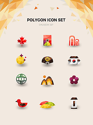 아이콘 꽃 단풍 산 사람없음 세트 전통무늬 추석 달 가을 부채 연 송편 오리모양 폴리곤 2D아이콘 AI파일 자연요소 모양 식물 전통 계절 명절 잎 무늬 떡 놀이용품 파일형식 벡터