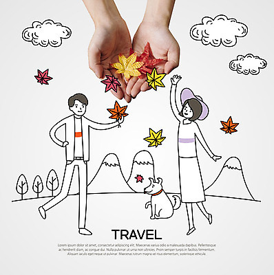 나무 구름 손 여자 남자 여행 단풍 낙엽 일러스트 들기 사람 신체부위 세명 한국인 양손 가을 강아지 그림 손그림 감성 국내일러스트 AI파일 자연요소 식물 계절 컨셉 잎 모션 동양인 반려동물 개 파일형식 벡터