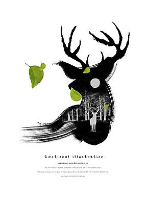 PSD 나무 동물 실루엣 일러스트 캘리그라피 자연 붓터치 사슴 나뭇잎 따뜻함 사람없음 달 번짐 감성 국내일러스트 자연요소 식물 컨셉 잎 포유류 촬영기법 생태계 파일형식 효과