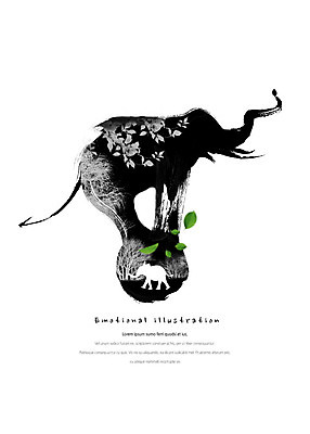 PSD 나무 동물 실루엣 일러스트 캘리그라피 공 자연 붓터치 나뭇잎 코끼리 따뜻함 사람없음 서커스 번짐 감성 국내일러스트 식물 컨셉 잎 포유류 촬영기법 생태계 파일형식 효과