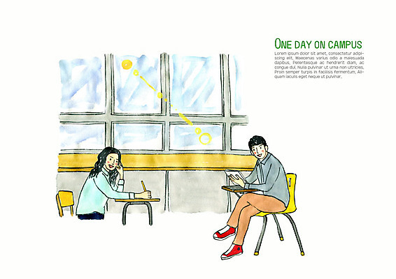 PSD 학생 여자 남자 대학생 의자 일러스트 창문 대학생라이프 수채화 사람 성인 두명 청춘 컬러풀 햇빛 캠퍼스라이프 강의실 책상 즐거움 대학교 성인만 국내일러스트 라이프스타일 교육 감정 컬러 가구 컨셉 학교 태양 공간 파일형식