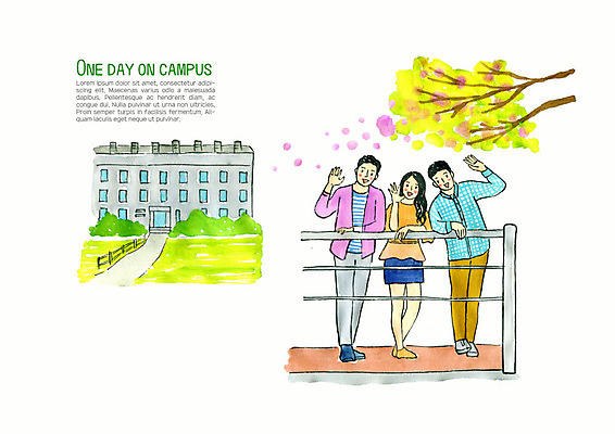 PSD 나무 학생 여자 남자 꽃 대학생 일러스트 대학생라이프 수채화 사람 성인 건물 세명 청춘 컬러풀 캠퍼스라이프 로맨틱 인사 즐거움 대학교 성인만 국내일러스트 식물 라이프스타일 건축물 감정 컬러 컨셉 학교 예절 파일형식