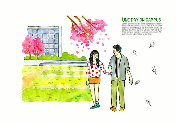 PSD 학생 커플 여자 남자 꽃 대학생 일러스트 대학생라이프 수채화 사람 성인 두명 청춘 컬러풀 손잡기 캠퍼스라이프 봄 벚꽃 즐거움 대학교 성인만 국내일러스트 식물 라이프스타일 계절 감정 컬러 컨셉 학교 관계 모션 파일형식