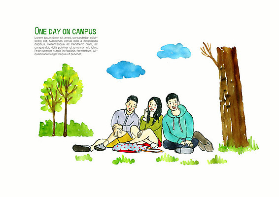 PSD 나무 구름 학생 여자 남자 대학생 일러스트 대학생라이프 수채화 사람 잔디 성인 세명 친구 청춘 컬러풀 캠퍼스라이프 즐거움 성인만 국내일러스트 자연요소 식물 라이프스타일 감정 컬러 컨셉 관계 파일형식