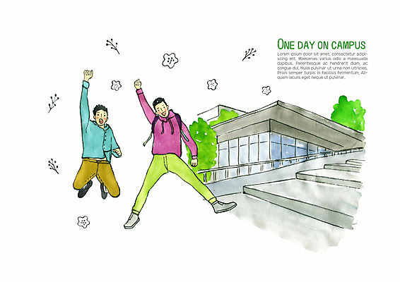 PSD 학생 남자 대학생 일러스트 대학생라이프 수채화 사람 성인 두명 건물 청춘 컬러풀 계단 캠퍼스라이프 점프 즐거움 대학교 성인남자만 국내일러스트 라이프스타일 건축물 감정 컬러 컨셉 학교 모션 남자만 성인만 파일형식