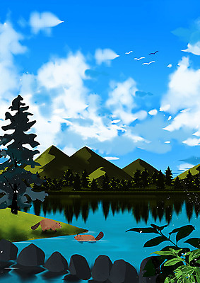 PSD 식물 동물 호수 백그라운드 두마리 일러스트 자연 조류 산 풍경 사람없음 파란색 숲 돌다리 비버 국내일러스트 컬러 2 다리_건축물 생태계 파일형식