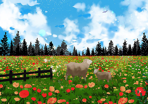 PSD 나무 식물 동물 구름 꽃 백그라운드 두마리 꽃밭 일러스트 자연 조류 하늘 따뜻함 풍경 초원 사람없음 울타리 봄 양 봄배경 국내일러스트 자연요소 계절 2 포유류 담장 생태계 파일형식