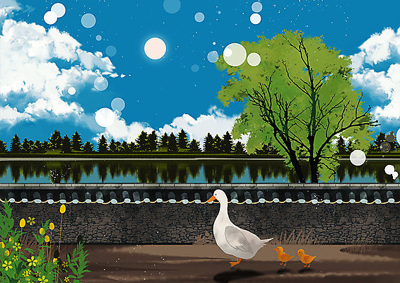 PSD 나무 식물 동물 구름 꽃 호수 백그라운드 일러스트 자연 하늘 오리 세마리 풍경 사람없음 파란색 기와담장 국내일러스트 자연요소 컬러 조류 기와 3 담장 생태계 파일형식