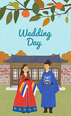 PSD 여자 남자 행복 신부 신랑 결혼 일러스트 신혼부부 기와집 사랑 사람 성인 두명 가을풍경 기쁨 가을 한복 감나무 전통혼례 청첩장 사모관대 활옷 성인만 웨딩촬영 국내일러스트 나무 한국전통 부부 계절 감정 카드_감사 한옥 감 풍경 이벤트 전통의상 전통의례 신혼 혼례복 기념사진 파일형식 가을_계절