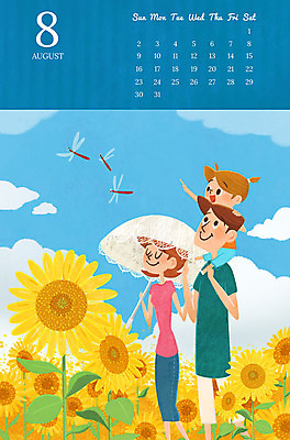 PSD 여자 남자 딸 어린이 일러스트 가족 엄마 해바라기 성인 세명 여름 화목 달력 가족라이프 목말 아빠 잠자리 즐거움 양산 8월 2020년 경자년 국내일러스트 라이프스타일 계절 꽃 감정 곤충 컨셉 관계 모션 사람 날짜 연도 파일형식
