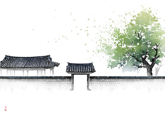 PSD 나무 전통 일러스트 캘리그라피 붓터치 한옥 흑백 기와 기와집 풍경 사람없음 대문 번짐 기와지붕 풍경화 기와담장 국내일러스트 식물 한국전통 고건축 지붕 촬영기법 담장 문 그림 파일형식 효과