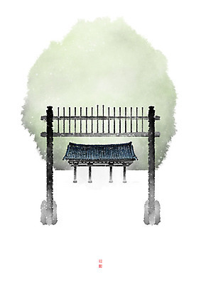 PSD 전통 일러스트 캘리그라피 붓터치 산 한옥 흑백 기와 풍경 사람없음 기둥 정자 번짐 기와지붕 풍경화 홍살문 국내일러스트 한국전통 건축물 건축 고건축 지붕 촬영기법 그림 전통문 파일형식 효과