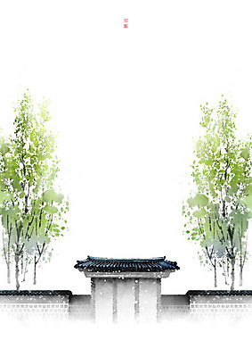 PSD 나무 전통 일러스트 캘리그라피 붓터치 한옥 흑백 풍경 사람없음 연두색 회색 번짐 풍경화 기와담장 국내일러스트 식물 한국전통 컬러 고건축 촬영기법 기와 초록색 담장 그림 파일형식 효과