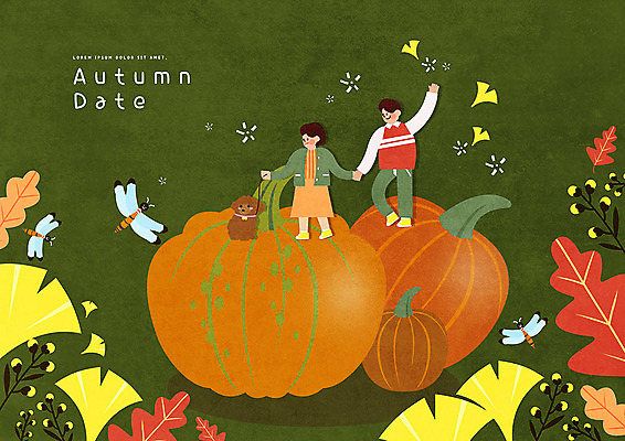 전신 PSD 식물 한마리 여자 남자 꽃 데이트 일러스트 호박 사람 두명 초록색 귀여움 가을 강아지 잠자리 즐거움 은행잎 국내일러스트 1 계절 감정 컬러 곤충 컨셉 잎 채소 반려동물 개 파일형식