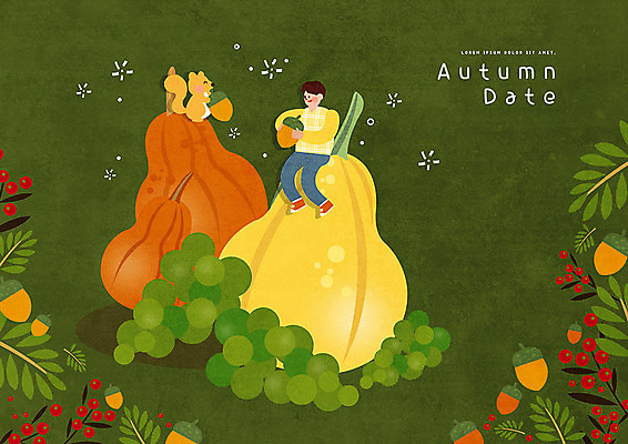 전신 PSD 식물 한마리 열매 남자 데이트 일러스트 호박 포도 한명 사람 초록색 귀여움 가을 즐거움 청포도 다람쥐 도토리 남자한명만 국내일러스트 1 계절 감정 컬러 컨셉 채소 과일 견과류 설치류 남자만 파일형식