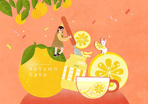 전신 PSD 한마리 여자 데이트 일러스트 한명 사람 컵 빨간색 노란색 귀여움 가을 강아지 티스푼 즐거움 유자 유자나무 유자차 여자한명만 과일차 국내일러스트 나무 1 식기 계절 감정 컬러 컨셉 과일 차_음료 반려동물 숟가락 개 여자만 파일형식