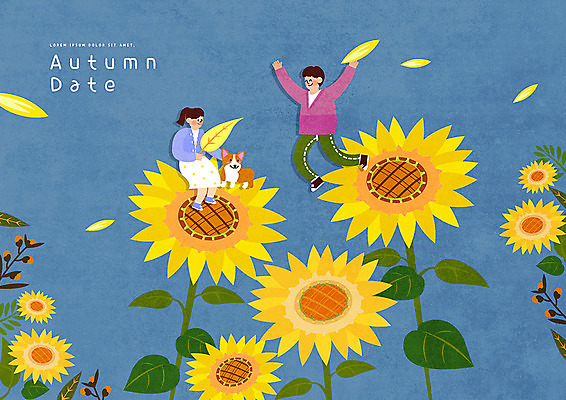 전신 PSD 한마리 커플 여자 남자 꽃잎 꽃 데이트 일러스트 해바라기 사람 두명 파란색 귀여움 가을풍경 가을 강아지 즐거움 국내일러스트 식물 1 계절 감정 컬러 컨셉 관계 풍경 반려동물 개 파일형식 가을_계절
