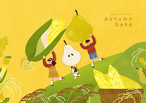 전신 PSD 한마리 여자 남자 데이트 일러스트 곡류 옥수수 사람 두명 초록색 노란색 바구니 귀여움 가을풍경 벼 가을 배 강아지 즐거움 국내일러스트 1 계절 감정 컬러 컨셉 과일 풍경 반려동물 개 파일형식 가을_계절