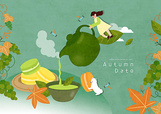 전신 PSD 한마리 여자 단풍 데이트 일러스트 한명 사람 초록색 귀여움 가을 강아지 잠자리 찻잔 녹차 즐거움 청포도 마카롱 여자한명만 국내일러스트 1 계절 감정 컬러 곤충 컨셉 잎 포도 디저트 잔 차_음료 반려동물 개 여자만 파일형식