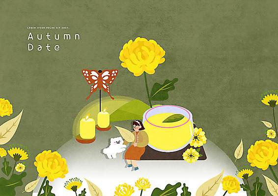 전신 PSD 한마리 여자 데이트 일러스트 초 국화 한명 사람 초록색 귀여움 가을 강아지 즐거움 촛대 국화차 여자한명만 국내일러스트 1 계절 꽃 감정 컬러 컨셉 차_음료 반려동물 개 여자만 파일형식