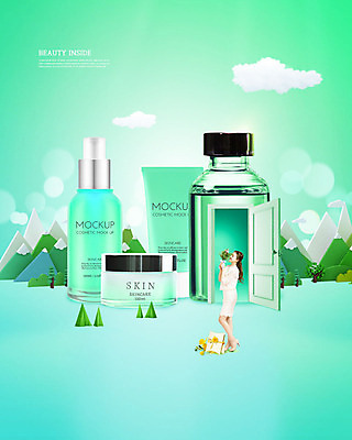 PSD 구름 편집이미지 여자 꽃 산 한명 사람 20대 성인 옆모습 선물상자 뷰티 문 화장품 한국인 즐거움 스킨케어 민트색 목업 성인여자한명만 이미지편집 자연요소 식물 1 감정 뷰포인트 컬러 선물 동양인 청년 상자 여자한명만 성인여자만 파일형식