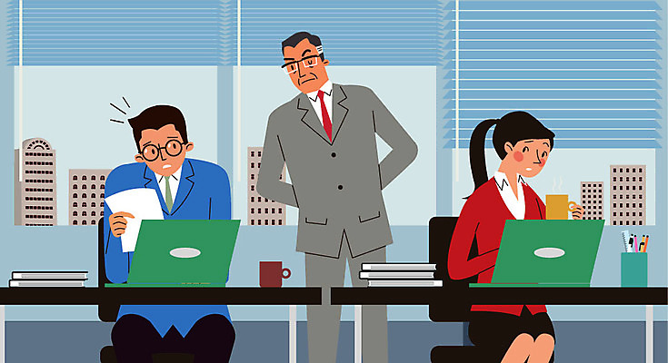 여자 남자 일러스트 회사 직장 사람 성인 세명 비즈니스라이프 노트북 짜증 비즈니스맨 비즈니스우먼 상사 사회이슈 책상 직원 문서 감시 불쾌함 간부 강요 부하직원 힘듦 성인만 직장내괴롭힘 불편함 국내일러스트 AI파일 라이프스타일 감정 가구 컨셉 비즈니스 전자제품 직장인 감각 파일형식 벡터