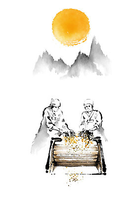 PSD 전통 여자 밭 일러스트 캘리그라피 붓터치 산 곡류 흑백 사람 풍경 두명 농사 달 시골 농부 한복 번짐 농작 탈곡기 힘듦 성인여자만 국내일러스트 자연요소 직업 한국전통 컨셉 농업 촬영기법 전통의상 농기구 여자만 성인만 파일형식 효과