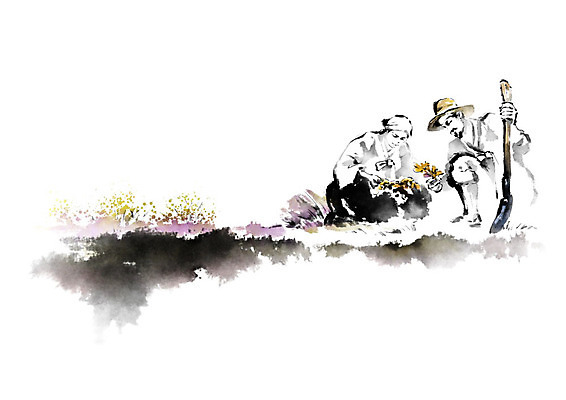 PSD 모자 전통 여자 남자 꽃 밭 일러스트 캘리그라피 붓터치 흑백 사람 풍경 농사 시골 농부 한복 삽 번짐 농작 힘듦 성인만 국내일러스트 식물 직업 한국전통 잡화 컨셉 농업 촬영기법 전통의상 파일형식 효과