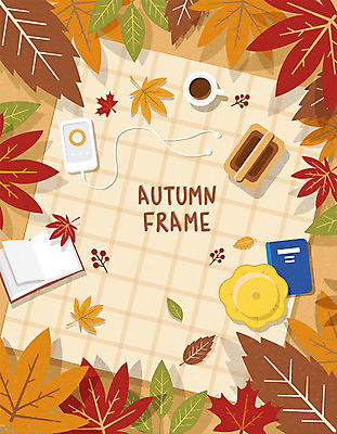 모자 커피 이어폰 단풍 낙엽 일러스트 사각프레임 프레임 사람없음 책 갈색 가을 MP3 커피잔 돗자리 피크닉용품 프레임일러스트 국내일러스트 AI파일 잡화 계절 음료 컬러 음향기기 잎 잔 전자제품 소풍 사각형 파일형식 벡터