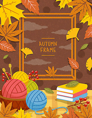 단풍 낙엽 일러스트 사각프레임 프레임 사람없음 책 갈색 바구니 가을 털실 은행잎 프레임일러스트 국내일러스트 AI파일 계절 컬러 잎 사각형 실 파일형식 벡터