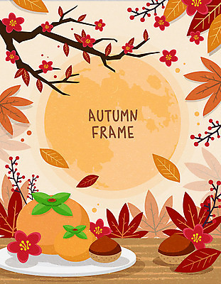 꽃 단풍 낙엽 일러스트 나뭇잎 프레임 사람없음 주황색 보름달 가을 밤 원형프레임 단감 프레임일러스트 국내일러스트 AI파일 식물 계절 컬러 잎 감 견과류 달 원형 파일형식 벡터