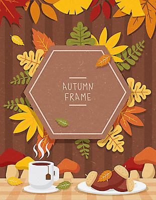 커피 단풍 낙엽 일러스트 나뭇잎 프레임 사람없음 갈색 노란색 주황색 버섯 가을 커피잔 은행잎 도토리 다각형 프레임일러스트 국내일러스트 AI파일 도형 계절 음료 컬러 잎 잔 견과류 파일형식 벡터