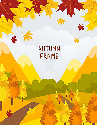 나무 구름 단풍 낙엽 일러스트 산 프레임 풍경 사람없음 노란색 가을풍경 가을 숲 프레임일러스트 국내일러스트 AI파일 자연요소 식물 계절 컬러 잎 파일형식 벡터 가을_계절