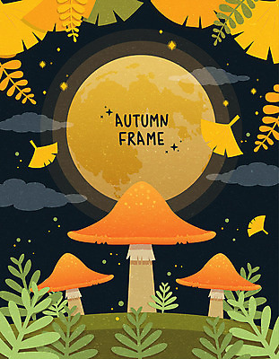 구름 낙엽 야경 일러스트 프레임 사람없음 갈색 버섯 보름달 가을 은행잎 원형프레임 프레임일러스트 국내일러스트 AI파일 자연요소 계절 컬러 잎 달 원형 야간 파일형식 벡터 풍경_경치