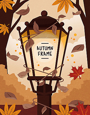 나무 식물 구름 단풍 낙엽 가로등 일러스트 나뭇잎 프레임 풍경 사람없음 갈색 가을 프레임일러스트 국내일러스트 AI파일 자연요소 계절 공공시설 컬러 잎 파일형식 벡터