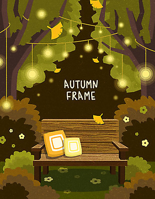 나무 식물 꽃 쿠션 낙엽 벤치 일러스트 전등 프레임 사람없음 연두색 갈색 가을풍경 가을 숲 은행잎 프레임일러스트 국내일러스트 AI파일 계절 컬러 잎 의자 조명 풍경 초록색 파일형식 벡터 가을_계절