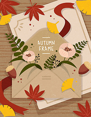 꽃 단풍 낙엽 일러스트 편지봉투 사각프레임 프레임 사람없음 갈색 가을 편지 편지지 은행잎 도토리 프레임일러스트 국내일러스트 AI파일 식물 계절 컬러 잎 봉투 사각형 견과류 파일형식 벡터