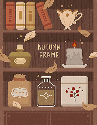 낙엽 일러스트 초 유리병 책장 선반 프레임 사람없음 책 갈색 가을 찻잔 프레임일러스트 국내일러스트 AI파일 계절 컬러 가구 잎 병_용기 잔 파일형식 벡터