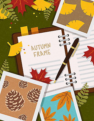 단풍 낙엽 일러스트 사각프레임 프레임 사람없음 볼펜 갈색 다이어리 가을 은행잎 솔방울 프레임일러스트 국내일러스트 AI파일 계절 컬러 잎 펜 사각형 사무용품 파일형식 벡터