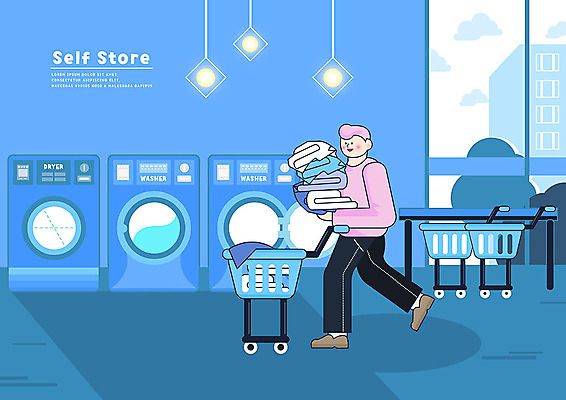 PSD 남자 일러스트 조명 한명 사람 파란색 카트 빨래 세탁기 편리함 빨래방 빨랫감 셀프 남자한명만 무인매장 코인세탁실 국내일러스트 1 컬러 컨셉 가사 상점 가전제품 남자만 파일형식