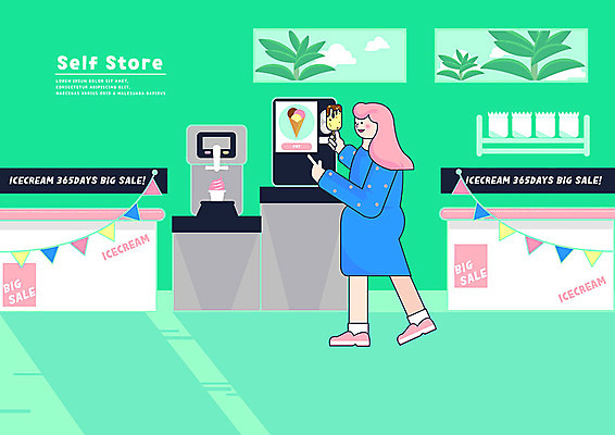 PSD 여자 일러스트 창문 아이스크림 한명 사람 초록색 편리함 가랜드 냉동고 셀프 아이스크림가게 자판기 키오스크 여자한명만 무인매장 국내일러스트 1 컬러 컨셉 디저트 상점 파티용품 아이스크림장사 여자만 파일형식