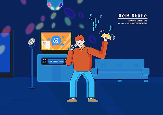 PSD 남자 일러스트 조명 한명 사람 파란색 소파 마이크 탬버린 미러볼 편리함 노래방기계 셀프 키오스크 남자한명만 코인노래방 무인매장 국내일러스트 1 컬러 음향기기 컨셉 의자 타악기 장식 상점 노래방 남자만 파일형식