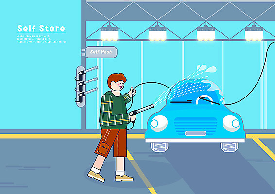 PSD 남자 하늘색 일러스트 자동차 조명 한명 사람 물 호스 편리함 세차 물뿜기 세차장 셀프 키오스크 남자한명만 셀프세차 무인매장 국내일러스트 자연요소 1 육상교통 컨셉 파란색 상점 남자만 파일형식